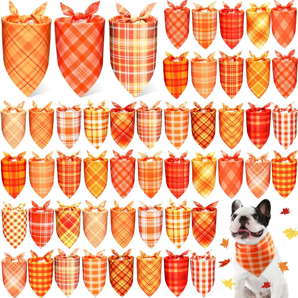 Abbylike 50 Pcs Fall Plaid Dog Bandanas Bulk Thanksgiving Bandanas for Dogs Triangle Kerchief Bibs