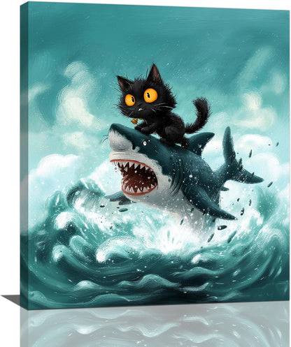 Funny Black Cat Bathroom Wall Art Cute Cat Riding Shark Canvas Wall Decor Animal Kitten Pictures