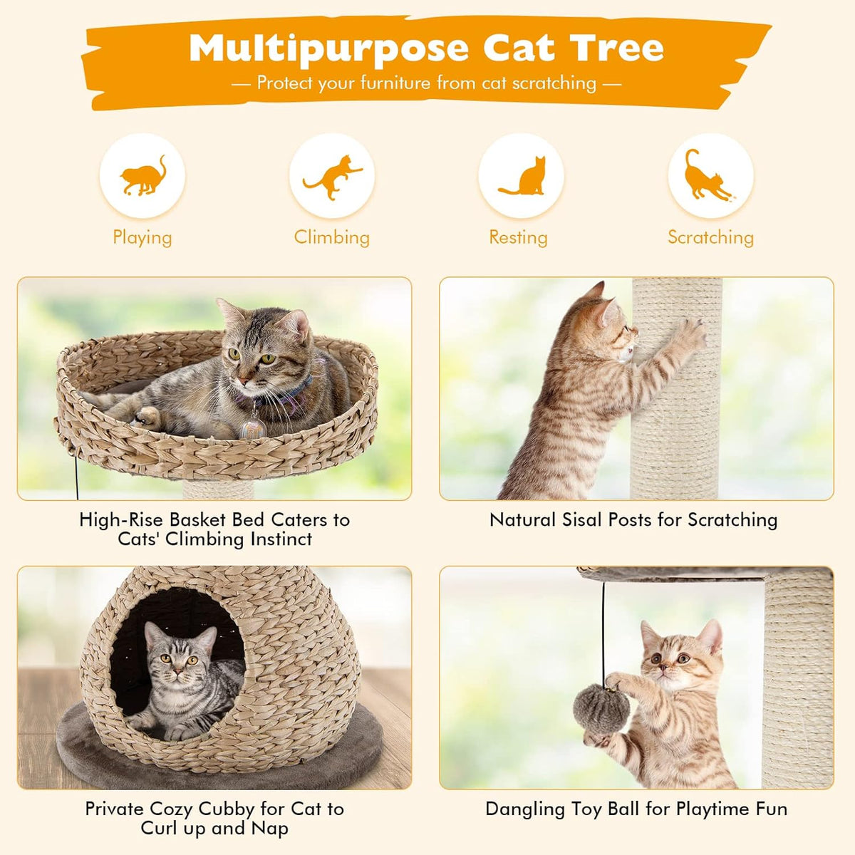 Tangkula Modern Cat Tree, Small Cat Tower with Natural Sisal Scratching Post, Hand-Made Wicker Cat