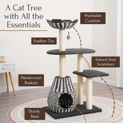 PetPals Ace 4-Level Multi-Activity Cat Tree with Handwoven Recycled Paper Rope Condo and Top Nest
