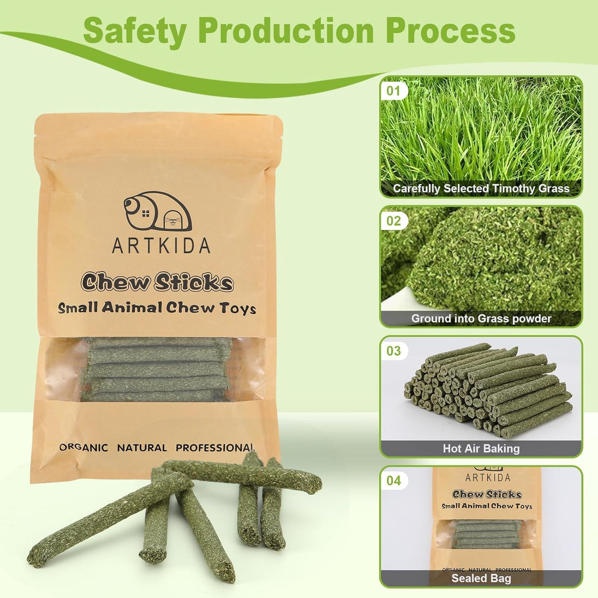 100PCS Timothy Hay Sticks for Rabbits Guinea Pigs Chinchillas Chew Treats, Natural Timothy Grass