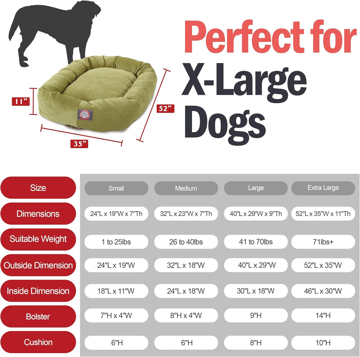 Majestic Pet Villa 52 Inch Shredded Memory Foam Dog Bed for X-Large Sized Dogs 52x35x11