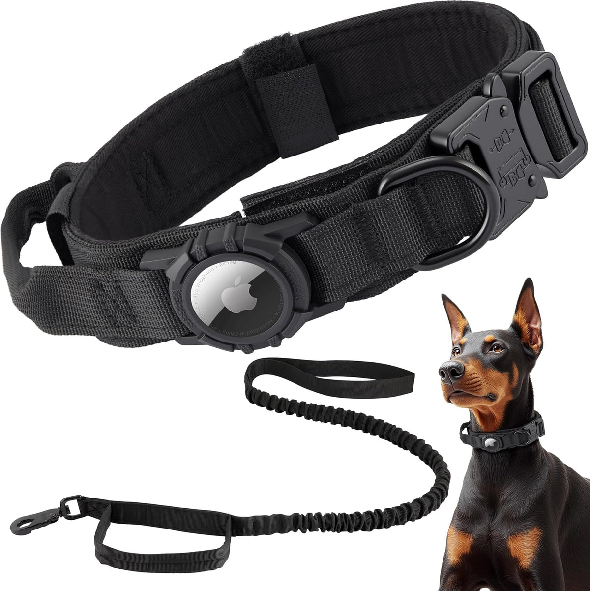 Tactical AirTag Dog Collar Leash Set - Heavy Duty, Adjustable GPS Collar Compatible with Apple