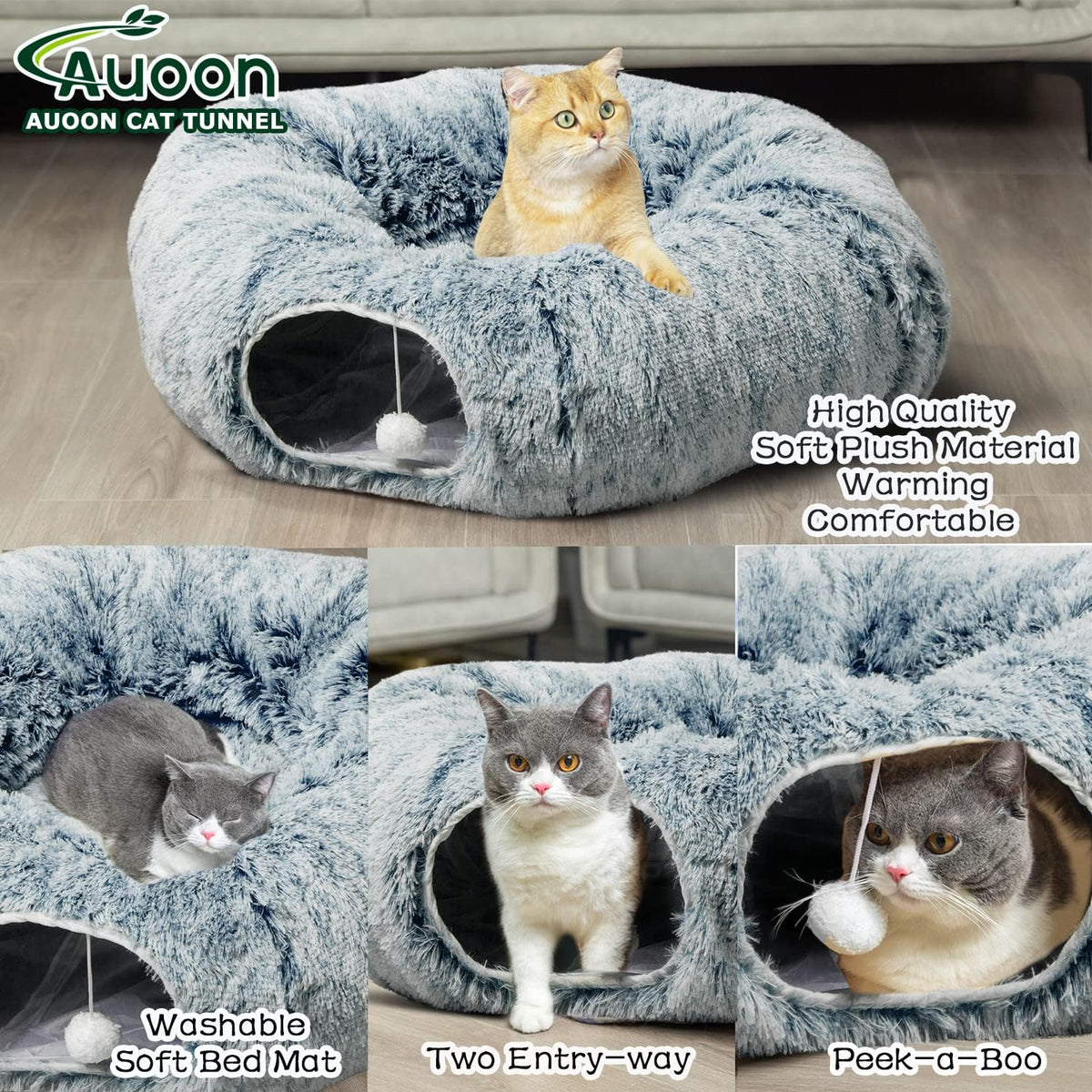 AUOON Cat Tunnel Bed - Cat Donut Tunnel with Soft Plush Circle Cushion for Indoor Cats Kitten Kitty
