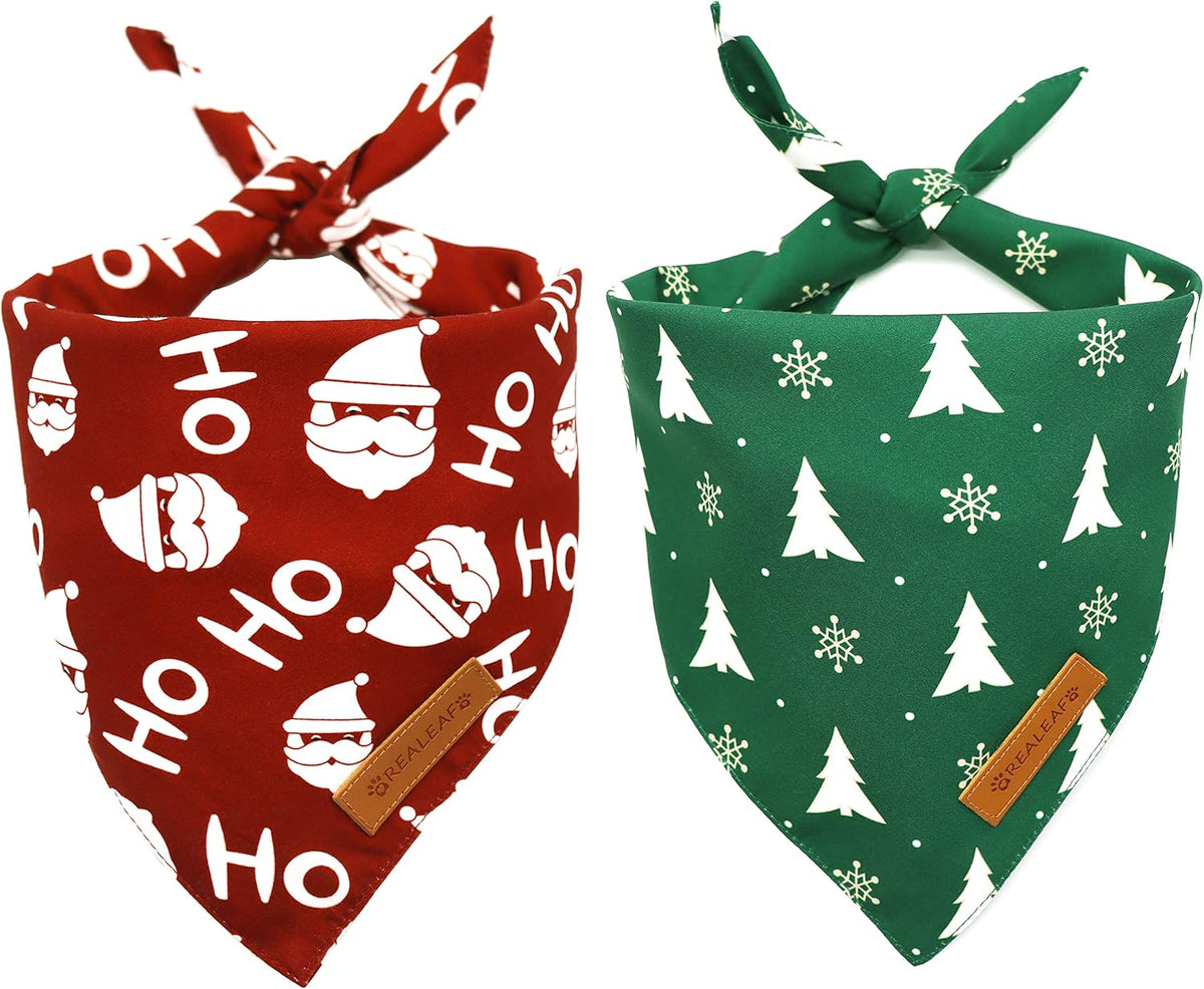 Realeaf Christmas Dog Bandanas 2 Pack, Christmas Tree and Santa Claus Dog Scarf for Boy and Girl