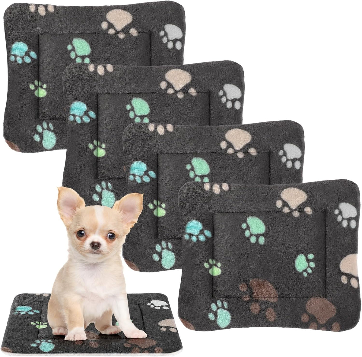4 Pack Ultra Soft Dog Cat Bed Mat with Cute Prints Reversible Fleece Dog Crate Kennel Pad Cozy