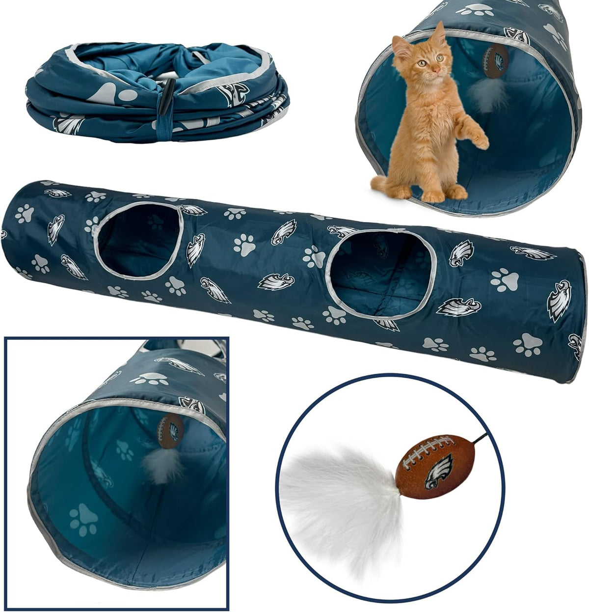 NFL Philadelphia Eagles Cat Tunnel Tube Toy with Plush Football Catnip and Feathers Collapsible