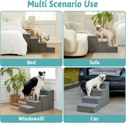 Dog Stairs with Storage, 4-Step Wider Sturdy Dog Steps for Small/Medium/Large Dogs and Older Cats