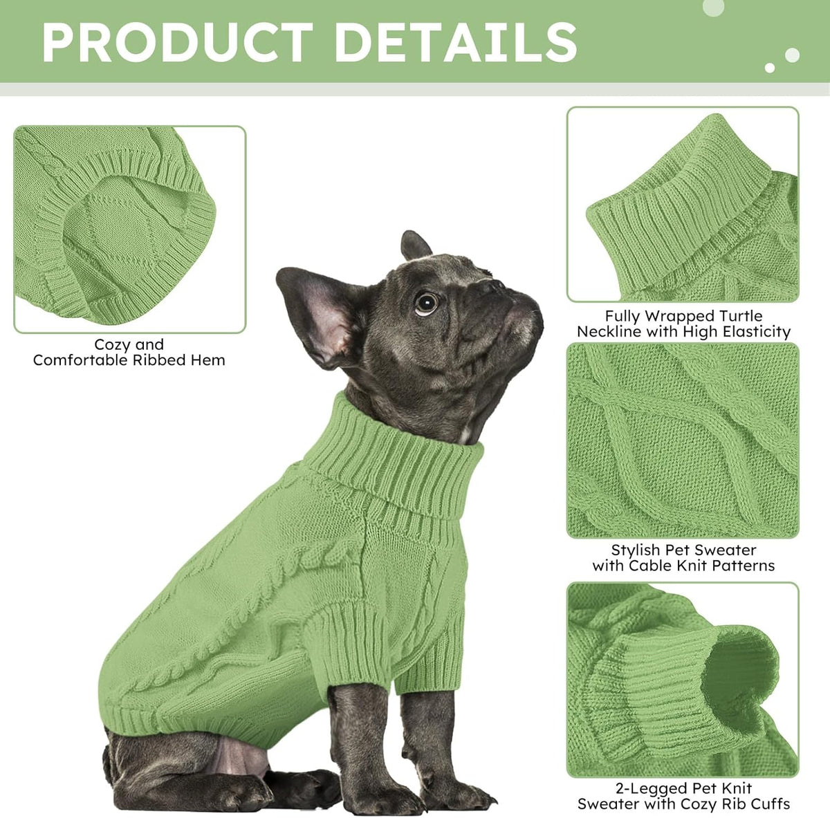 Queenmore Small Dog Pullover Sweater, Cold Weather Cable Knitwear, Classic Turtleneck Thick Warm