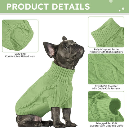 Queenmore Small Dog Pullover Sweater, Cold Weather Cable Knitwear, Classic Turtleneck Thick Warm