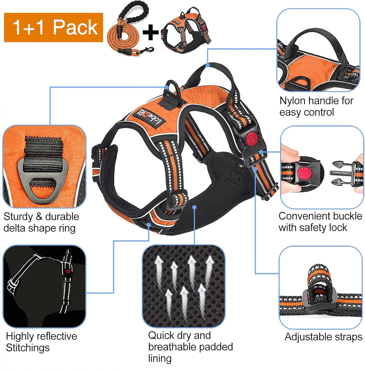 No Pull Dog Harness Adjustable Reflective Oxford Easy Control Medium Large Dog Harness with A Free