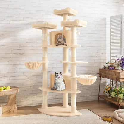 SHA CERLIN 73in Fan-Shaped Corner Cat Tower for Save Space/Multi-Level Tall Cat Tree for Indoor