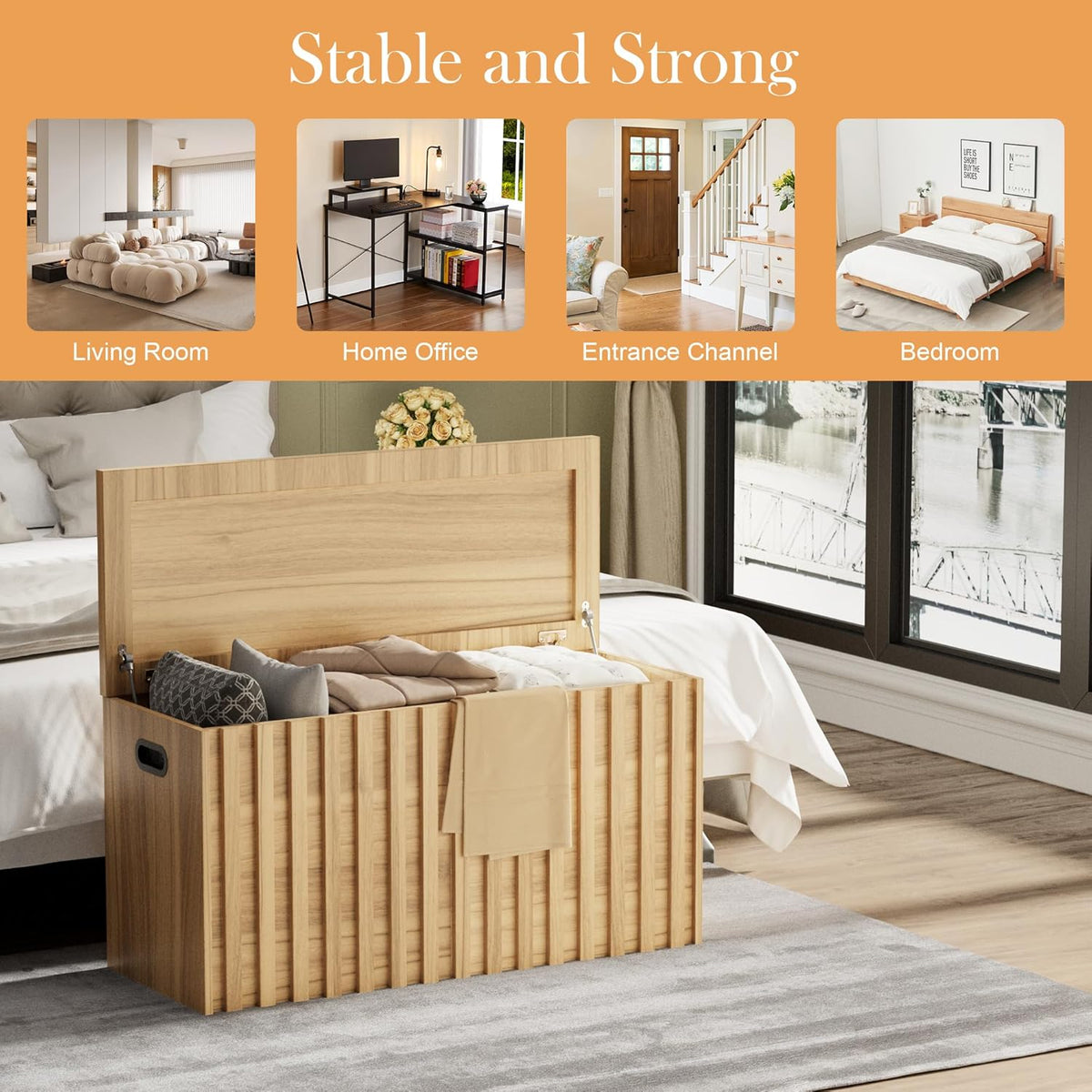 UEV Storage Bench,39.4" Wood Box, Storage Trunk with 2 Safety Hinges, Ottoman Storage Chest, Fluted