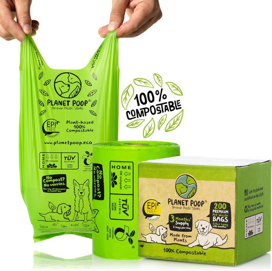 PLANET POOP Home Compostable Dog Poop Bags Extra Long with Handles | Large Single Roll 200 Grab &