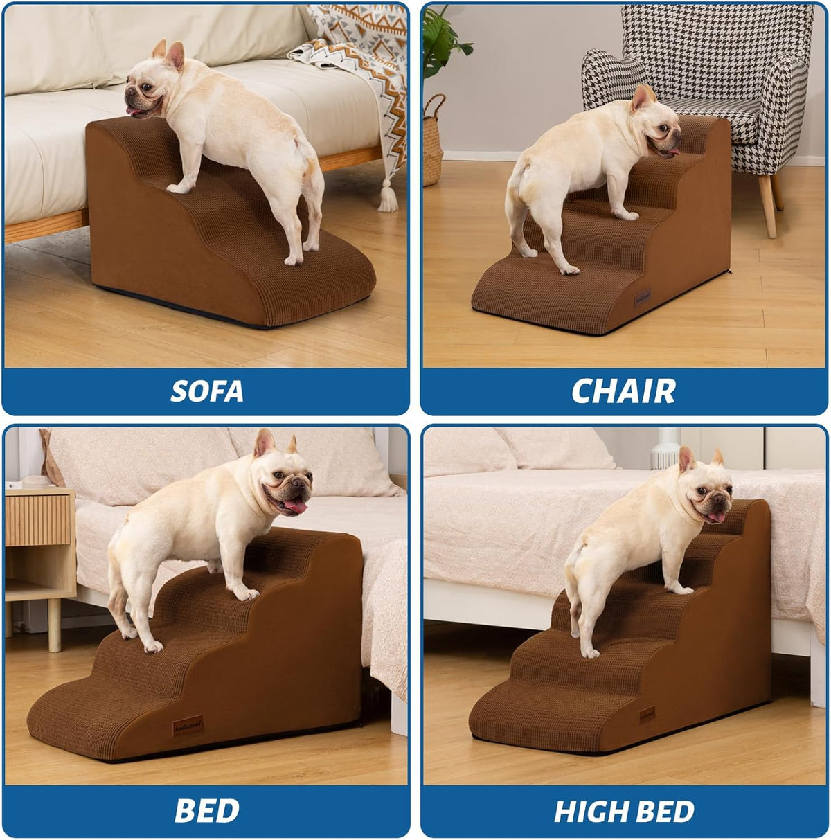 4-Step Dog Stairs and Ramp for Beds or Couches – Non-Slip Sturdy Pet Steps for Small Dogs and