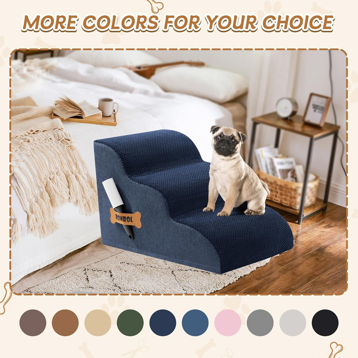 Romrol Dog Stairs Ramp for High Beds Couches, High Density Foam Pet Steps with Durable Non-Slip