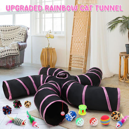 Poen 21 Pcs Cat Tunnel for Indoor Set Collapsible 5 Way Tubes with 20 Pcs Cat Kitten Toys