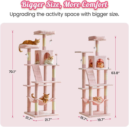 MWPO 70.1-Inch Pink Large Cat Tree, Multi-Level Tall Cat Tower for Indoor Cats, Plush Cat Condo