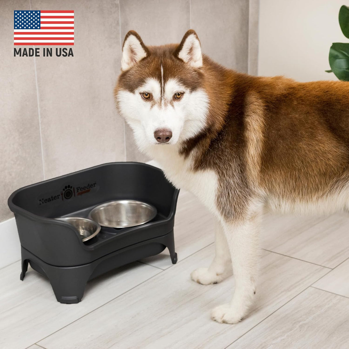 Neater Feeder - Express Model w/ Slow Feed Bowl - Mess-Proof Dog Bowls (M/L, Black) Made in USA