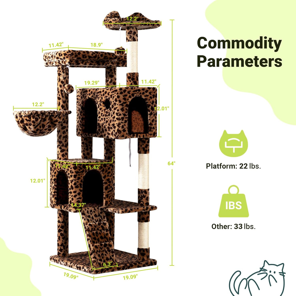 Allewie 64 Inches Cat Tree Tower/Multi-Level Activity Center for Indoor Big Felines/2 Plush