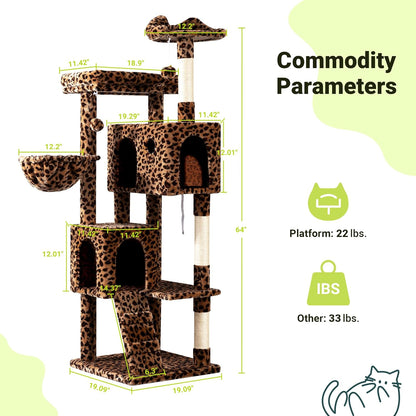 Allewie 64 Inches Cat Tree Tower/Multi-Level Activity Center for Indoor Big Felines/2 Plush