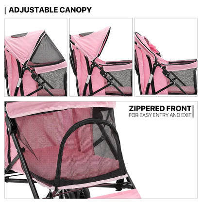 MoNiBloom 4 Wheels Pet Stroller, Easy-Fold Puppy Cage Jogger Stroller with Sun Cover, Pad and Rear