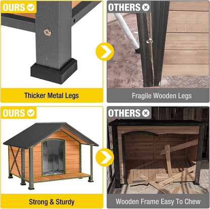 Aivituvin Dog House with Anti-Chewing Metal Frame Outdoor Large Wooden Dog Kennel Outside with