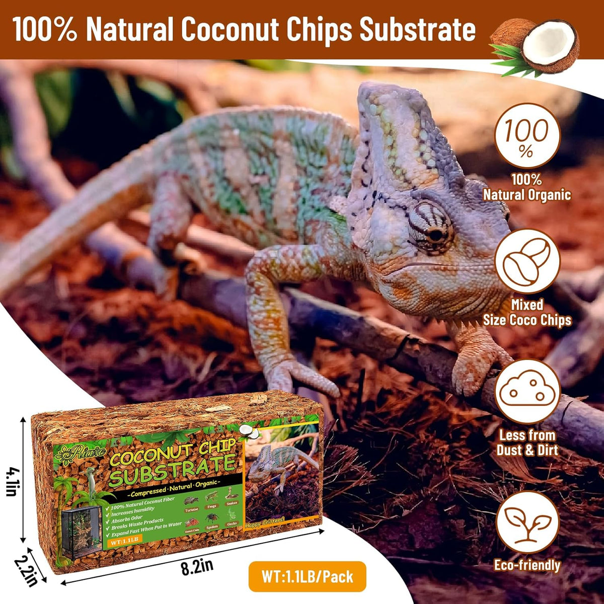 Riare 6 Pack Natural Coconut Chip Substrate for Reptiles- Compressed Coconut Husk Reptiles Bedding