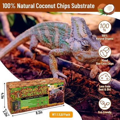 Riare 6 Pack Natural Coconut Chip Substrate for Reptiles- Compressed Coconut Husk Reptiles Bedding