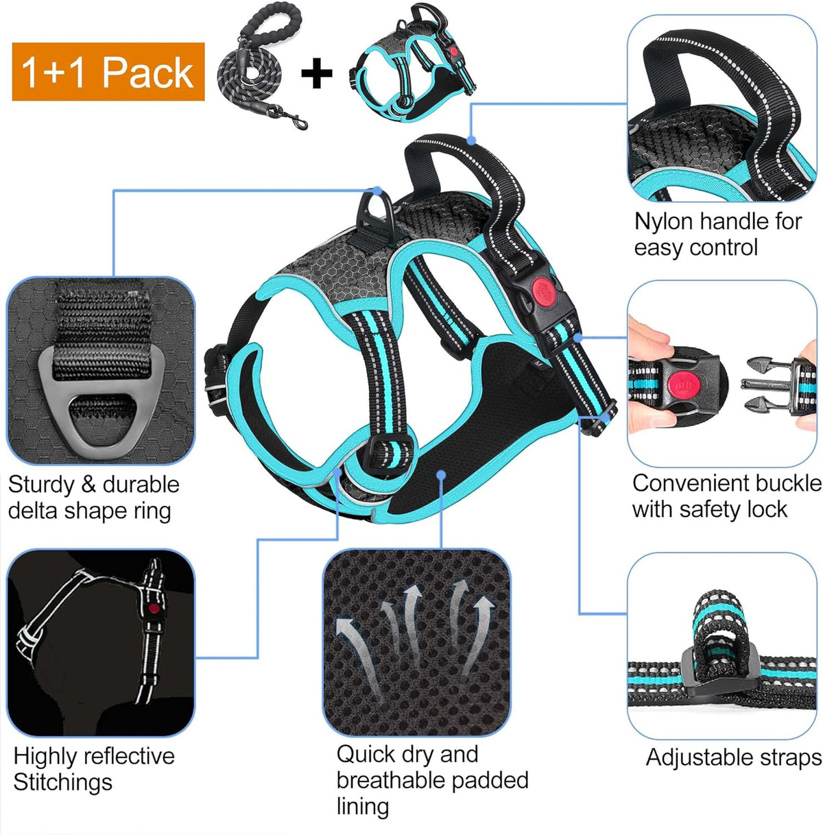 No Pull Dog Harness Adjustable Reflective Oxford Easy Control Medium Large Dog Harness with A Free