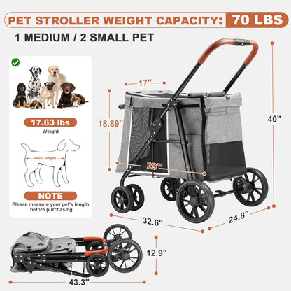Medium Dog Stroller, Dual Entry One-Touch Folding,Small and Medium Pet Stroller,360° Rotating Front
