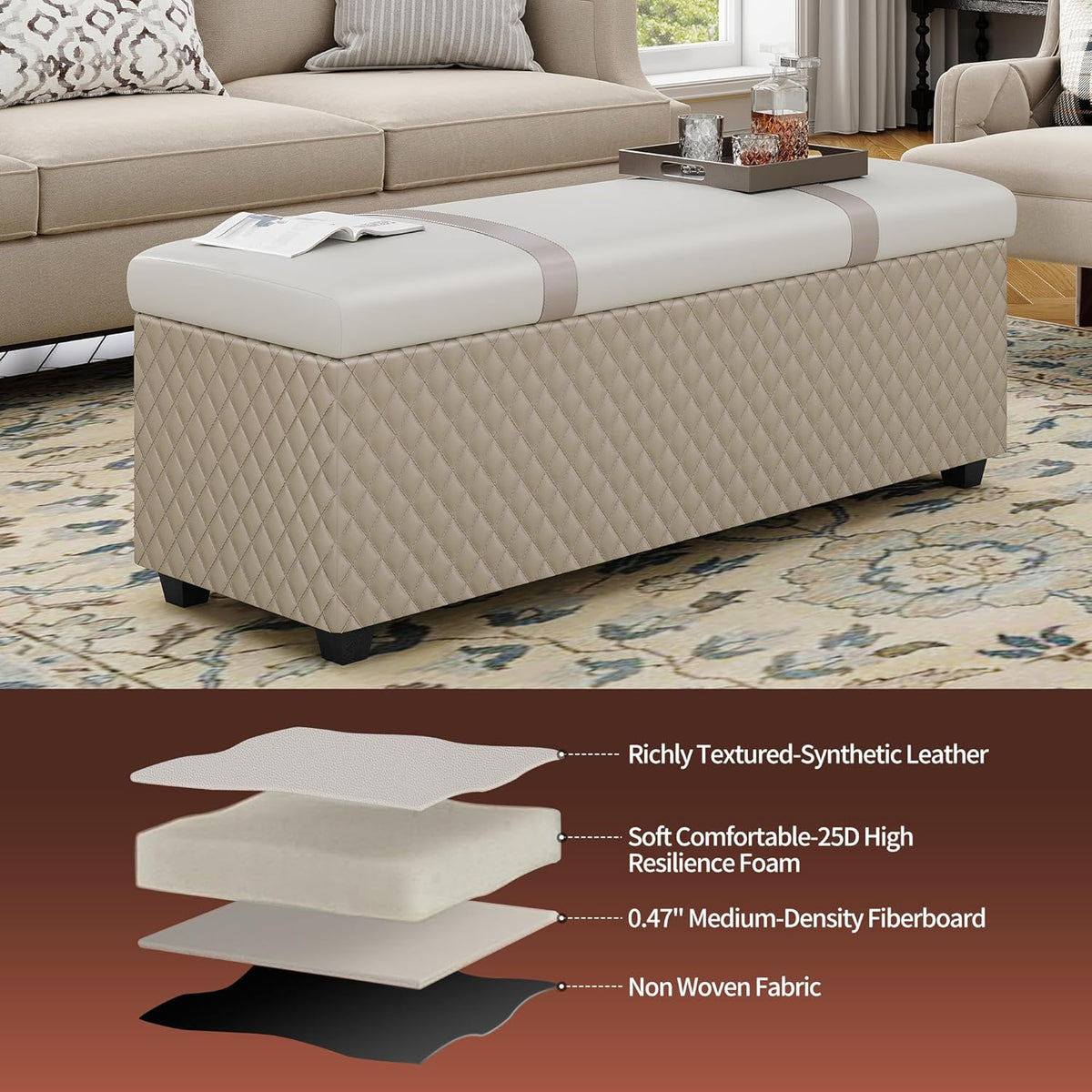 Ottoman with Storage 38 inches, Furniture End of Bed Storage Benches, Long Ottomans Bench with