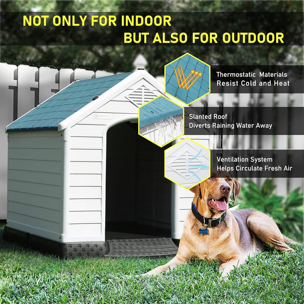 LEMBERI Durable Waterproof Plastic Dog House for Small to Large Sized Dogs, Indoor Outdoor Doghouse
