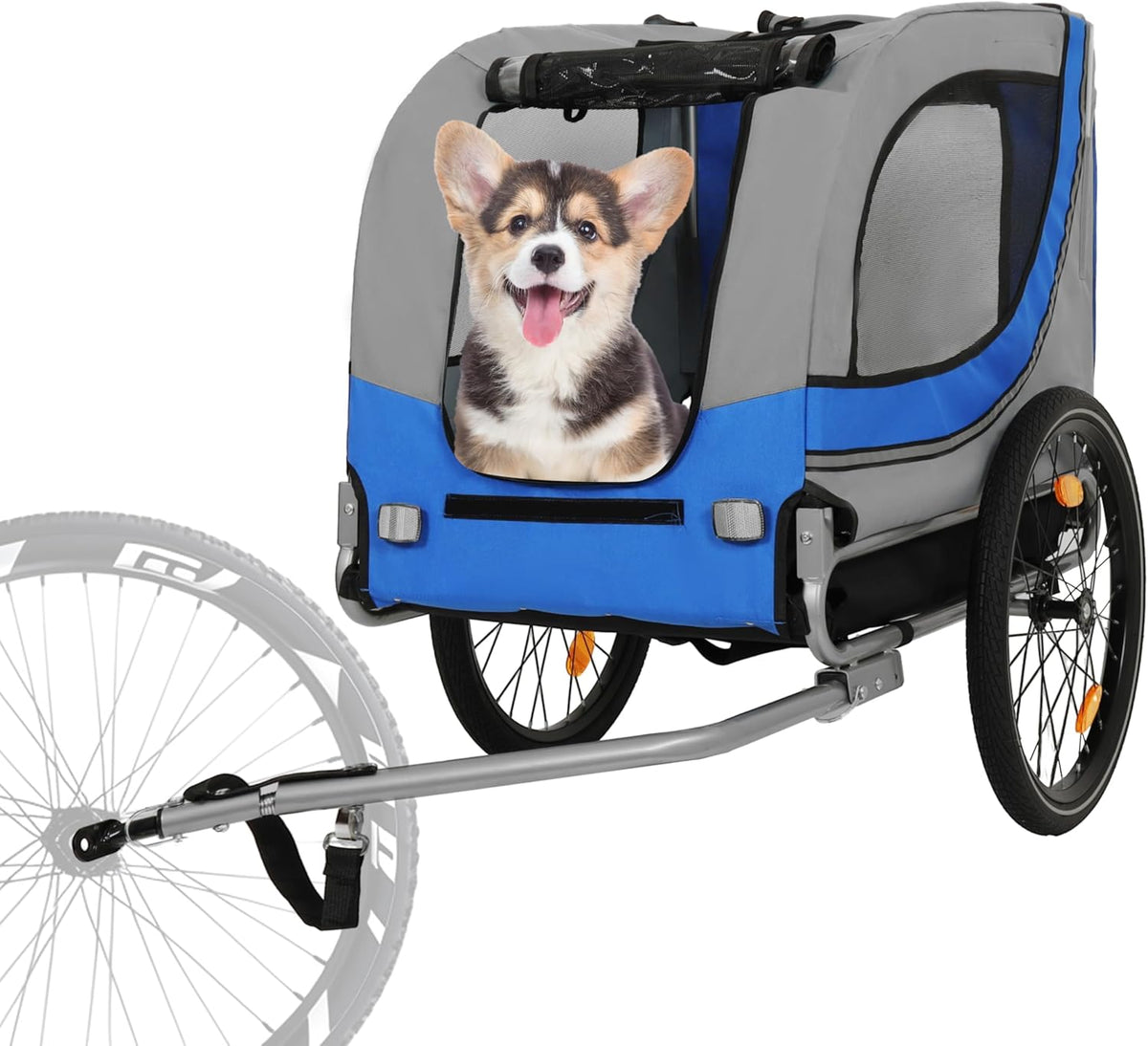 Blue-Grey Large Folding Bike Trailer for Dogs – Heavy-Duty Steel Frame, 66LB Capacity Pet Carrier