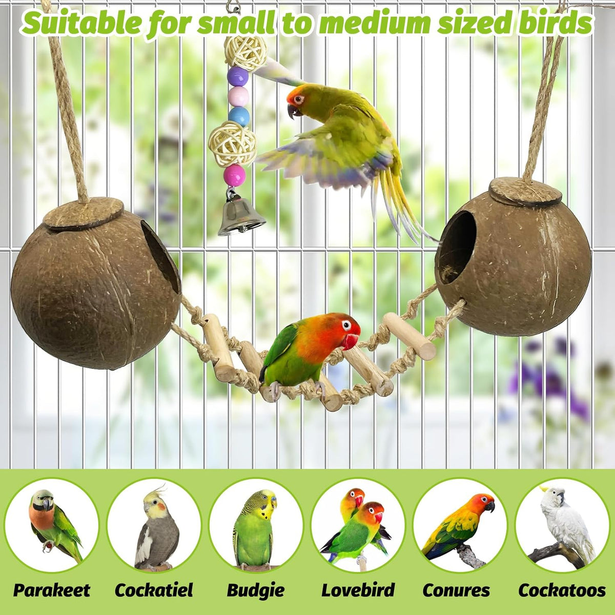 kathson 5Pcs Bird Coconut House with Ladder Parakeet Coconut Nest for Cages Parrot Hut Hanging