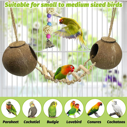 kathson 5Pcs Bird Coconut House with Ladder Parakeet Coconut Nest for Cages Parrot Hut Hanging