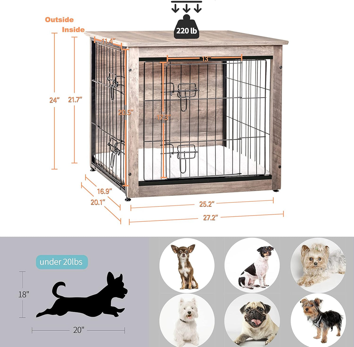 DWANTON Dog Crate Furniture with Cushion, Wooden Kennel Table with Double Doors, Indoor Dog House