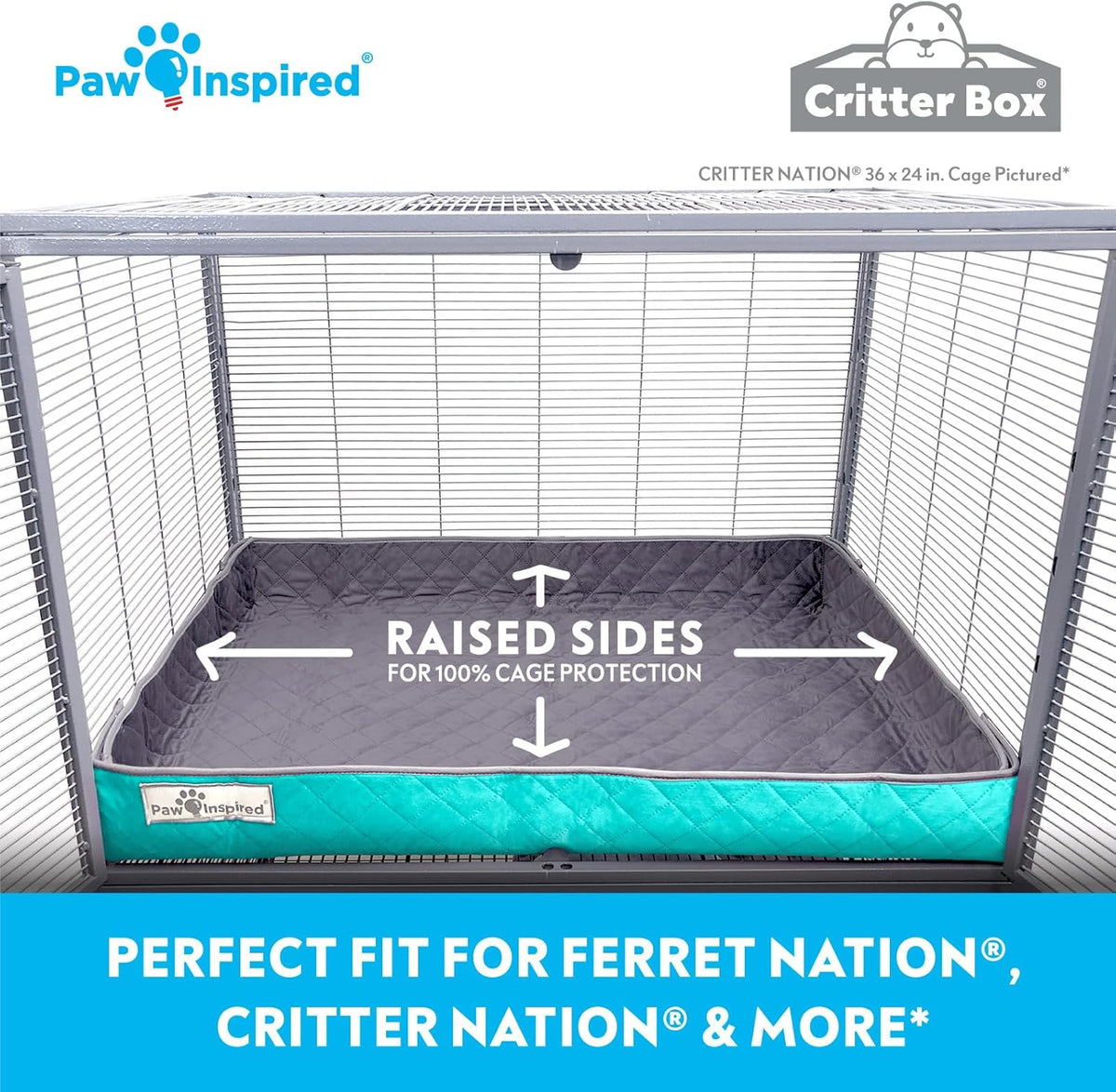 Paw Inspired Critter Box Washable Cage Liner, Reversible Fleece Bedding with Raised Sides for