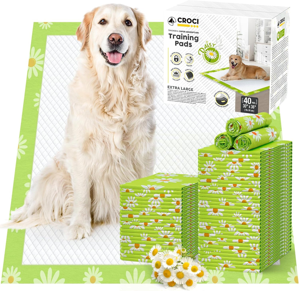 CROCI Pee Pads for Dogs 30x36in Daisy Pattern, Puppy Pads with Adhesive Tabs Super Absorbent Up to
