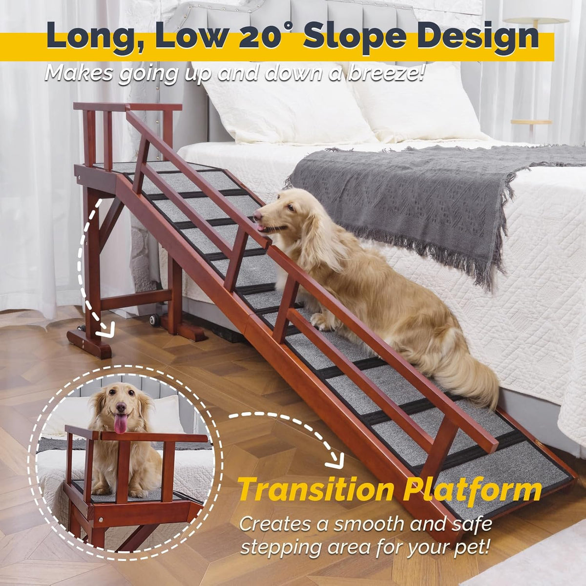 Dog Ramp for Bed or Couch, Wooden Pet Ramp with 20° Gentle Slope, Removable Side Rails, Non-Slip