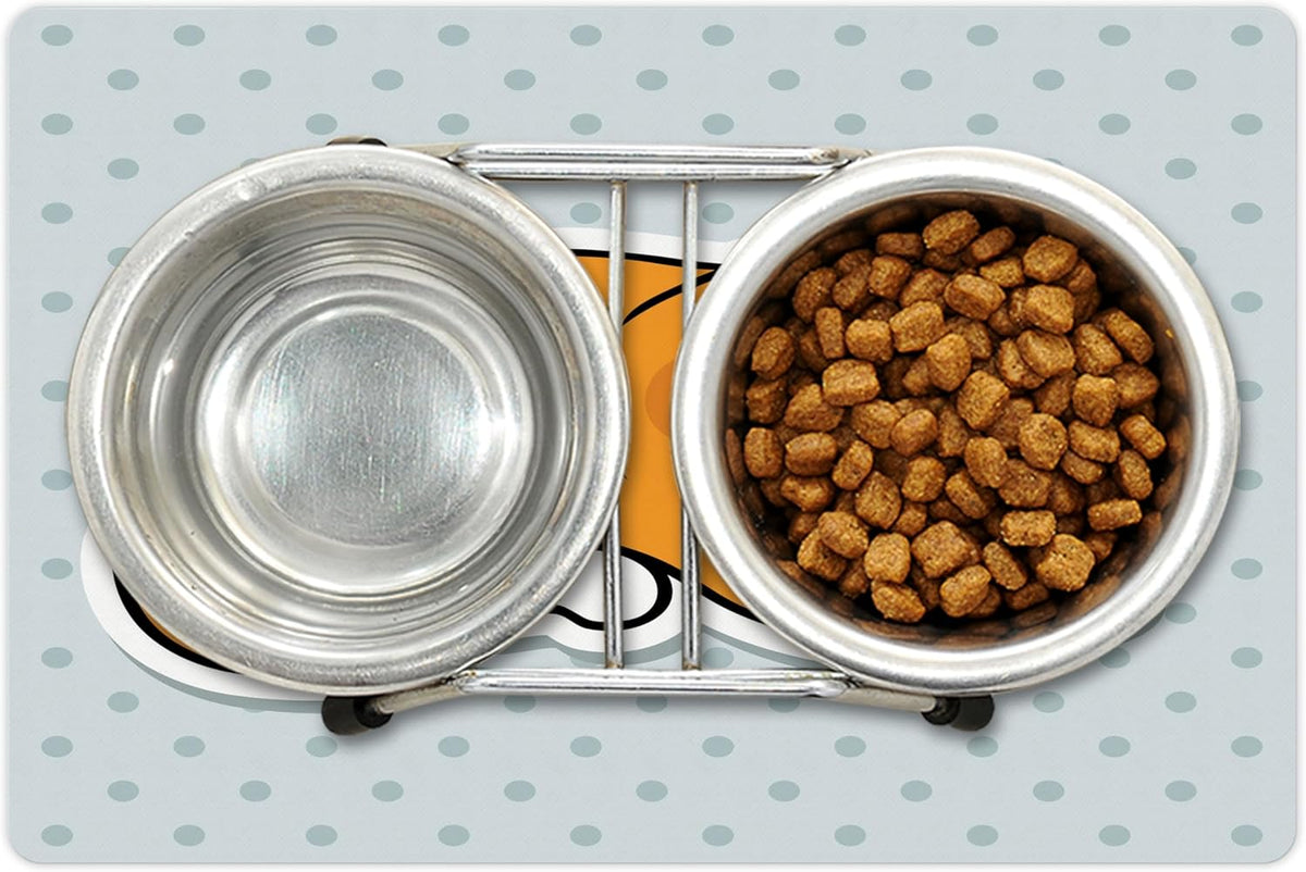 Lunarable Cat Pet Mat for Food and Water, Sleeping Kitten on Polka Dots Background Theme Graphic