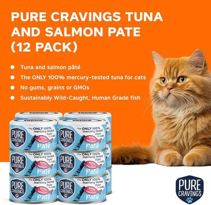 Tuna and Salmon Pate, Canned Wet Cat Food, 100% Mercury-Tested, Moist Can Fish, Grain-Free Protein