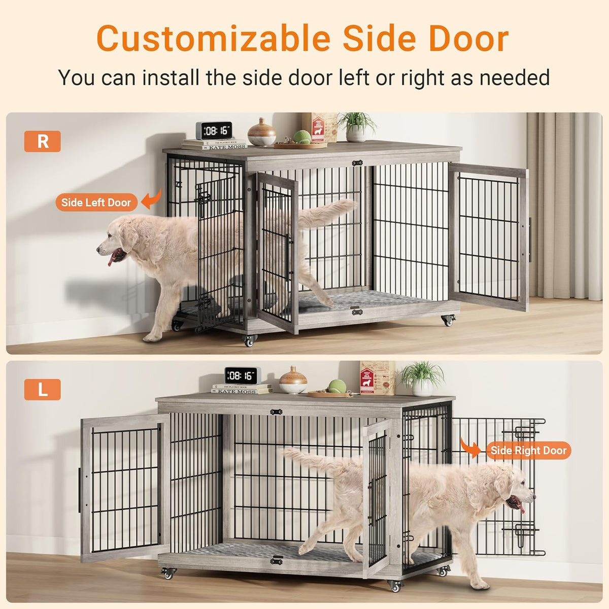Lulive Dog Crate Furniture, XL Wooden Dog Kennel Indoor Double Doors Dog Cage, 44'' Heavy Duty Dog