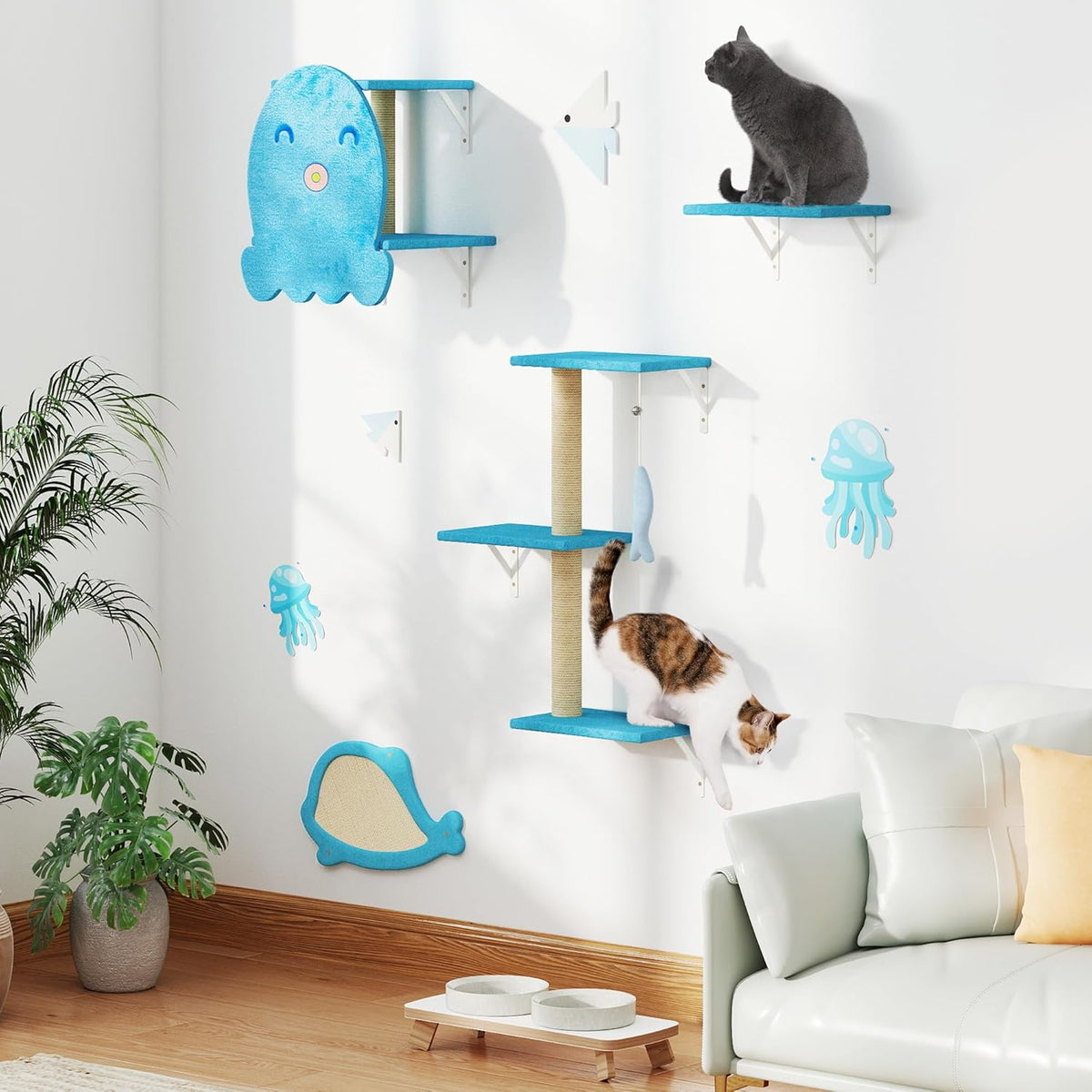 COZIWOW 4-Piece Wall-Mounted Cat Tree Set – Sturdy Wood Pet House, Scratching Board, Platforms
