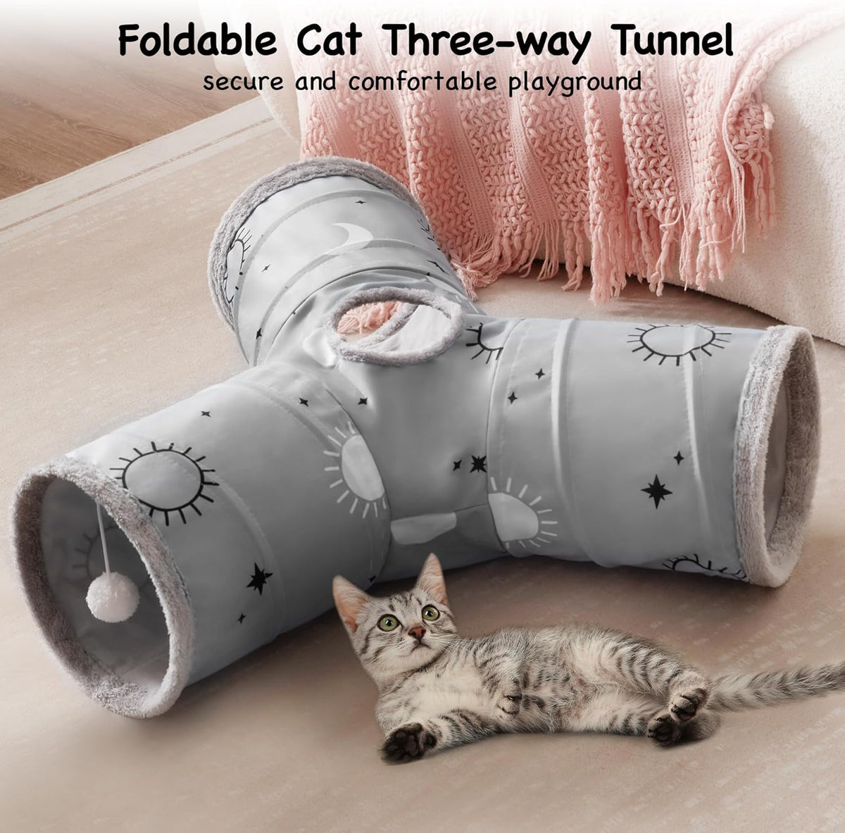 Tempcore Pet Cat Tunnel Tube Cat Toys 3 Way Collapsible, Cat Tunnels for Indoor Cats Fleece-Lined