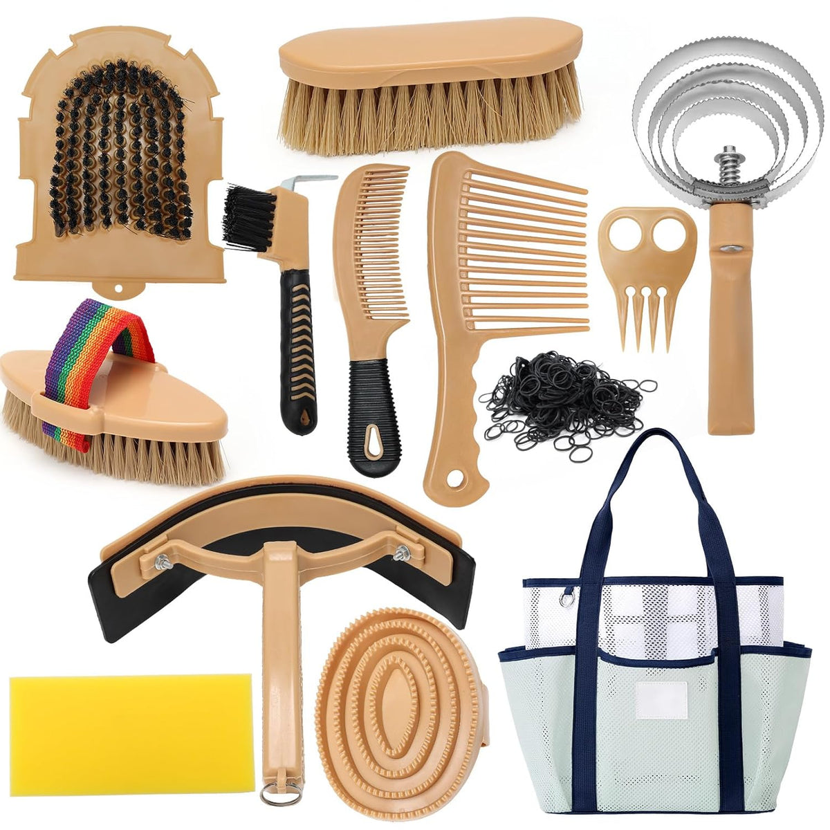 Horse Grooming Kit for Bathing, 13Pcs Horse-Brush Set with Mesh Bag, Shower Brushes, Braiding and