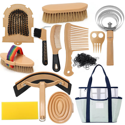 Horse Grooming Kit for Bathing, 13Pcs Horse-Brush Set with Mesh Bag, Shower Brushes, Braiding and