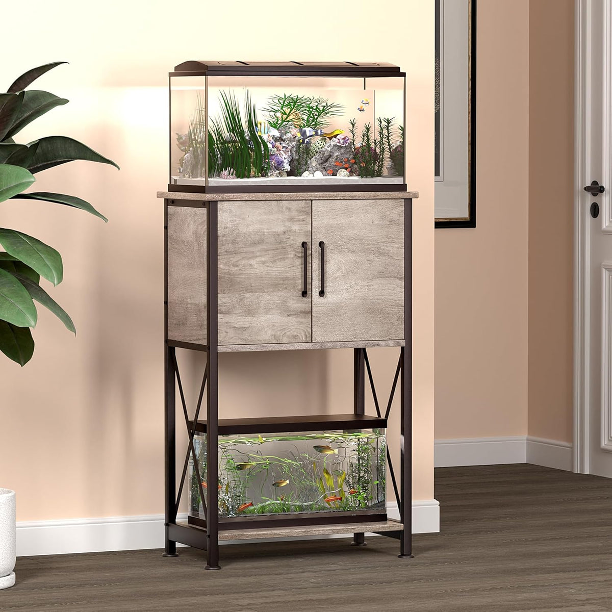 5-10 Gallon Fish Tank Stand, Metal Double Aquarium Stand with Cabinet for Fish Tank Accessories