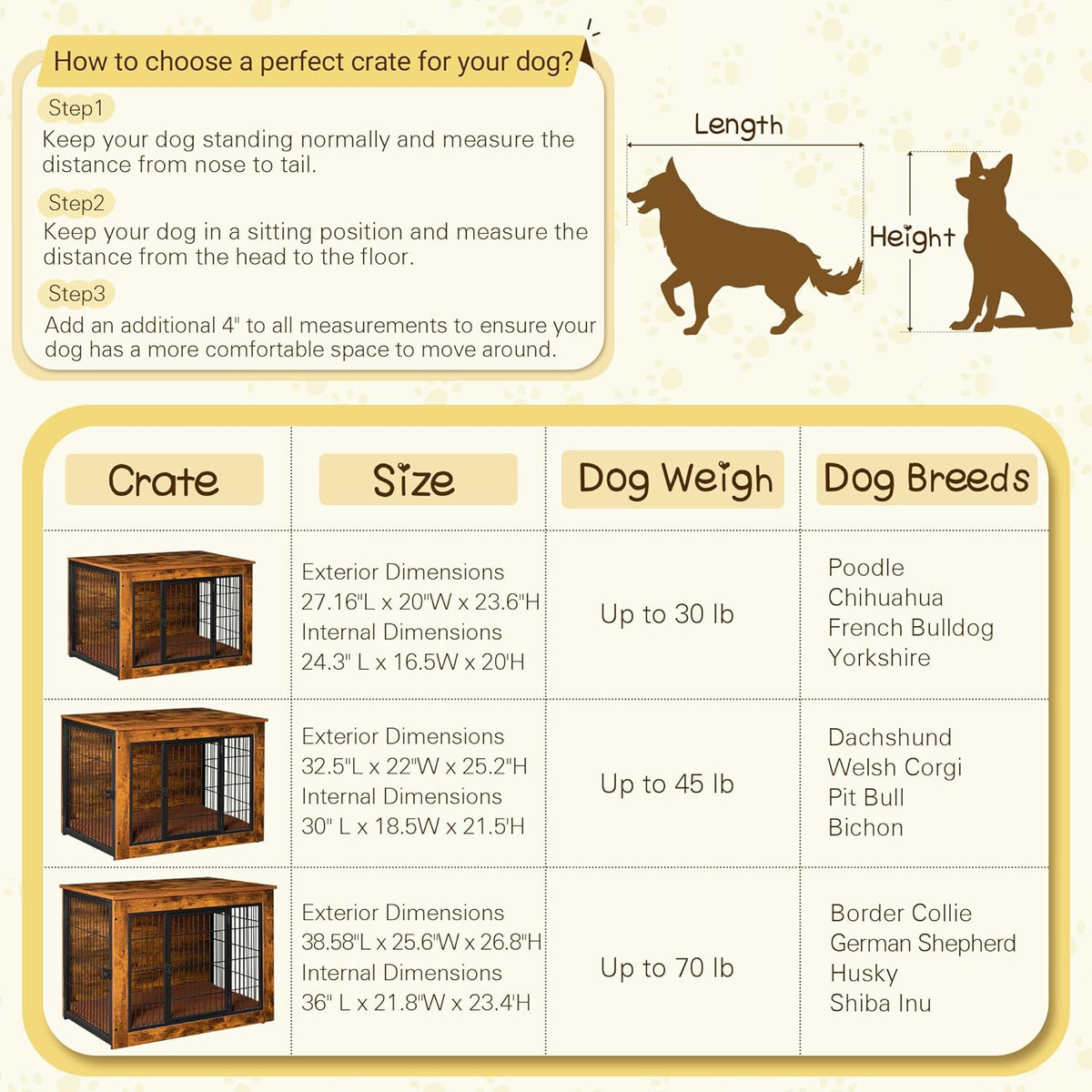Bigrab Dog Crate Furniture with Thick Cushion, Side End Table Wooden Dog Cage with Double Doors