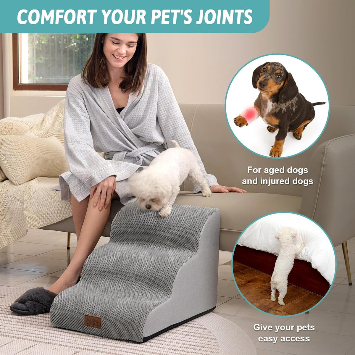 Dog Stairs for Small Dogs 15.7" H, Curved Dog Step for Puppy, Older Cat, Medium Pet Ramp for Sofa